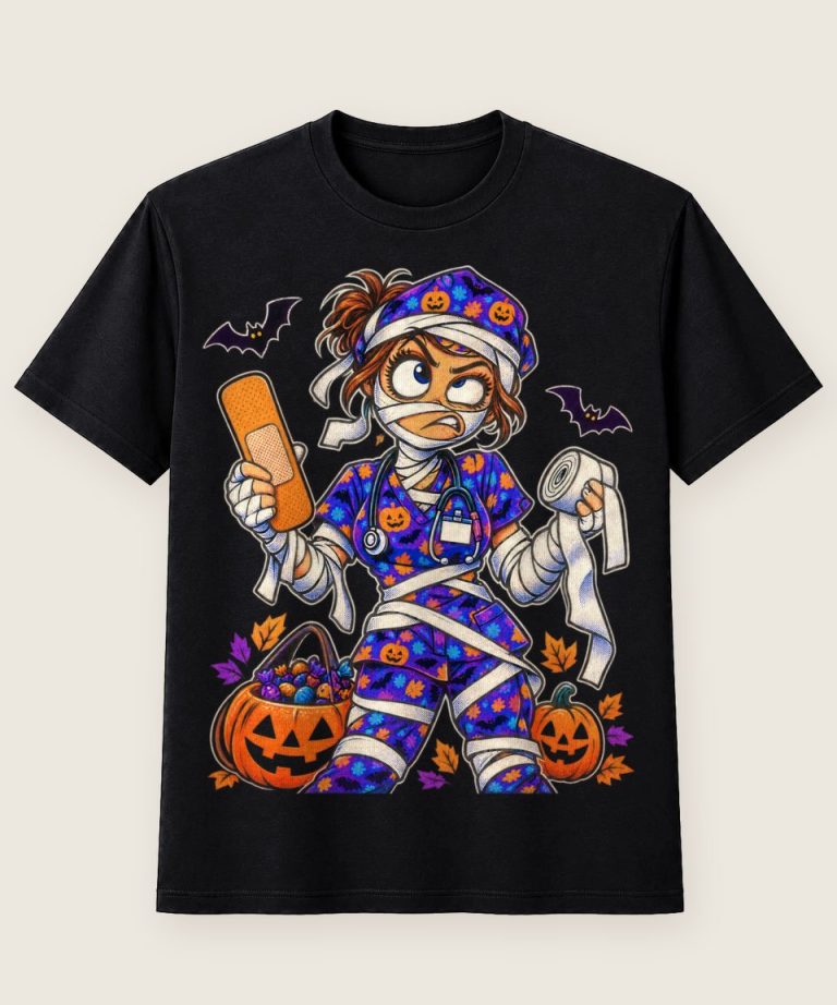 T-Shirt mit Motiv „Halloween Krankenschwester Mumie in bunten Scrubs lustig“ – Halloween T-Shirts