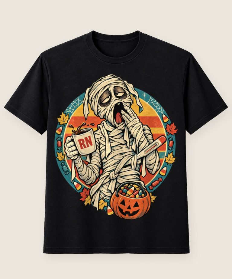 T-Shirt mit Motiv „Halloween Krankenschwester Mumie Nachtschicht RN Retro“ – Halloween T-Shirts
