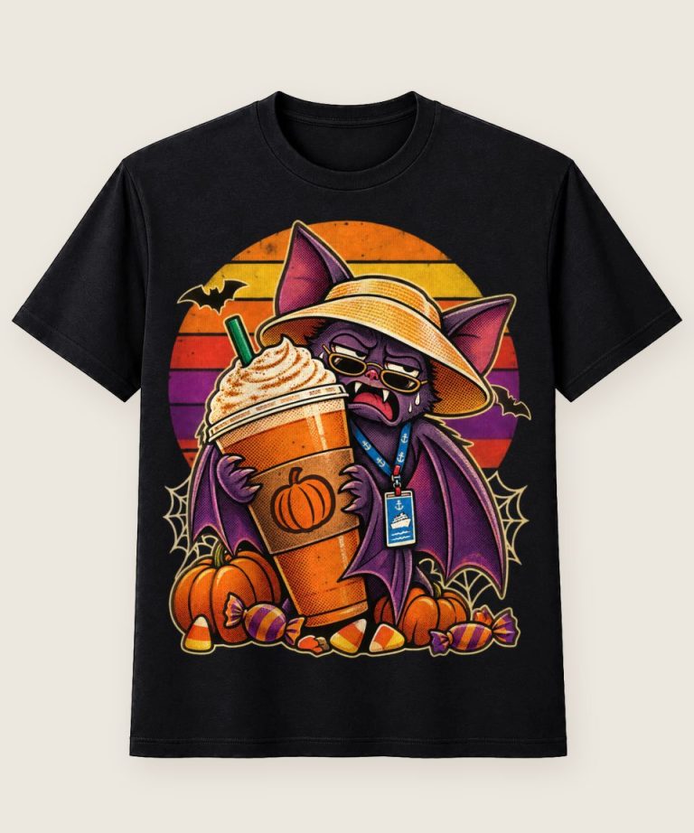T-Shirt mit Motiv „Halloween Kreuzfahrt Fledermaus mit Latte“ – Halloween T-Shirts