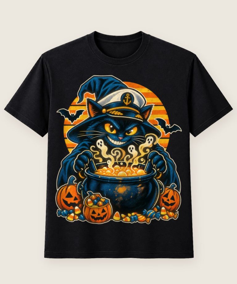 T-Shirt mit Motiv „Halloween Kreuzfahrt Hexenkatze am Kessel“ – Halloween T-Shirts
