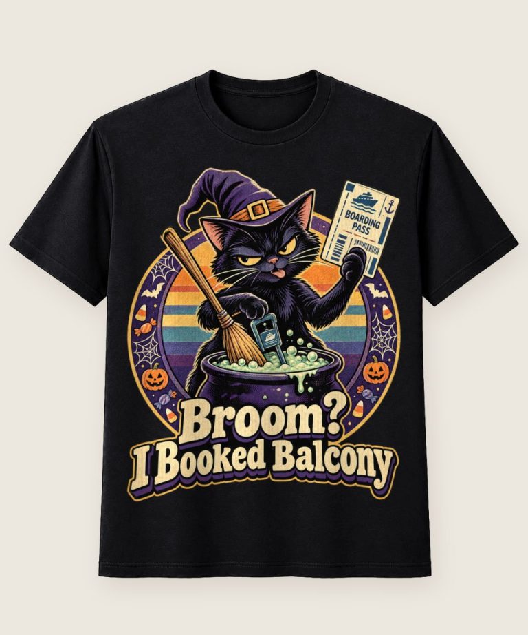 T-Shirt mit Motiv „Halloween Kreuzfahrt Hexenkatze Balkonwitz“ – Halloween T-Shirts