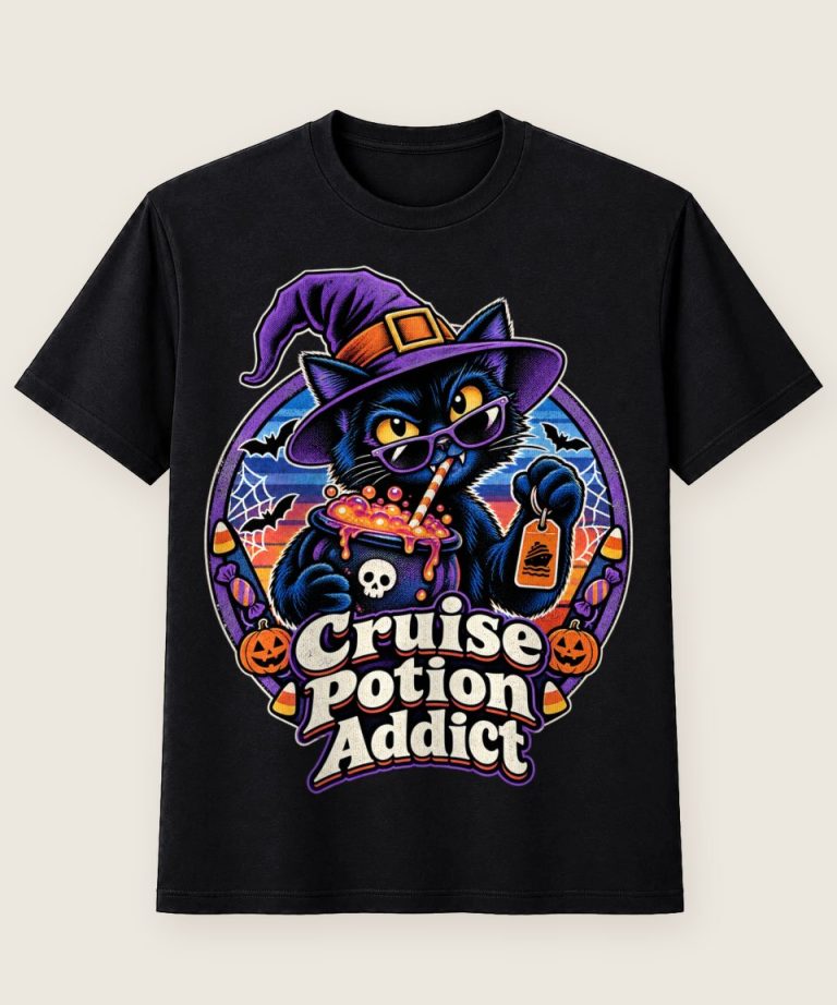 T-Shirt mit Motiv „Halloween Kreuzfahrt-Hexenkatze mit Zaubertrank“ – Halloween T-Shirts