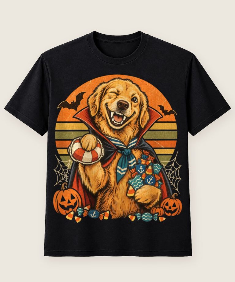 T-Shirt mit Motiv „Halloween Kreuzfahrt Retriever Vampirhund Retro-Sonne“ – Halloween T-Shirts