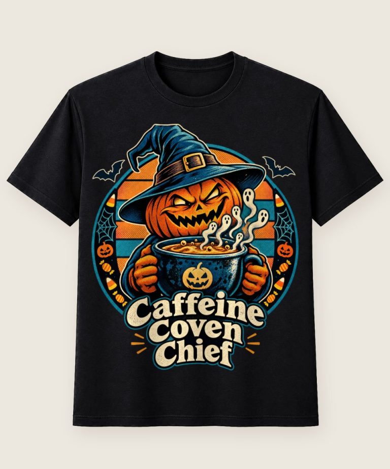 T-Shirt mit Motiv „Halloween-Kürbis Caffeine Coven Chief“ – Halloween T-Shirts