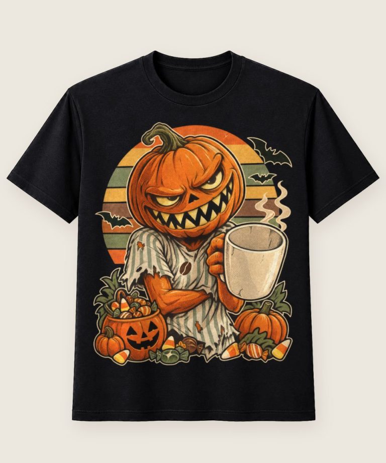 T-Shirt mit Motiv „Halloween-Kürbis Coffee-Lover Retro 70er-Jahre“ – Halloween T-Shirts