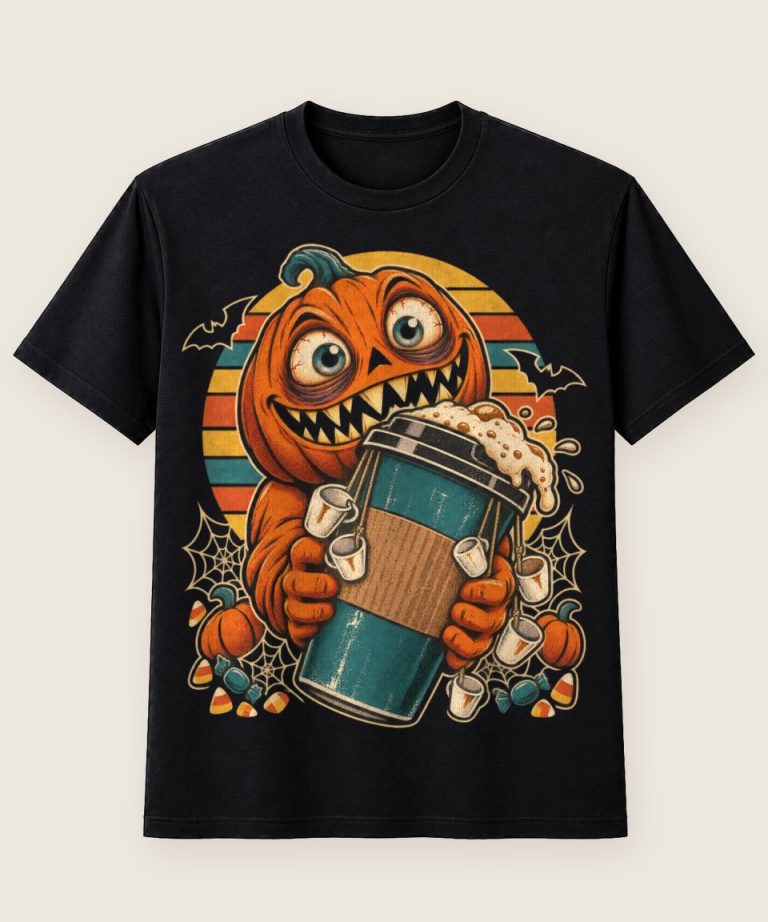 T-Shirt mit Motiv „Halloween-Kürbis Kaffeejunkie im Retro-Stil“ – Halloween T-Shirts