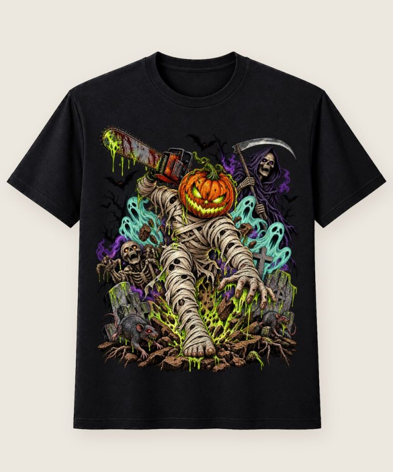 T-Shirt mit Motiv „Halloween Kürbis-Mumie mit Kettensaege“ – Halloween T-Shirts