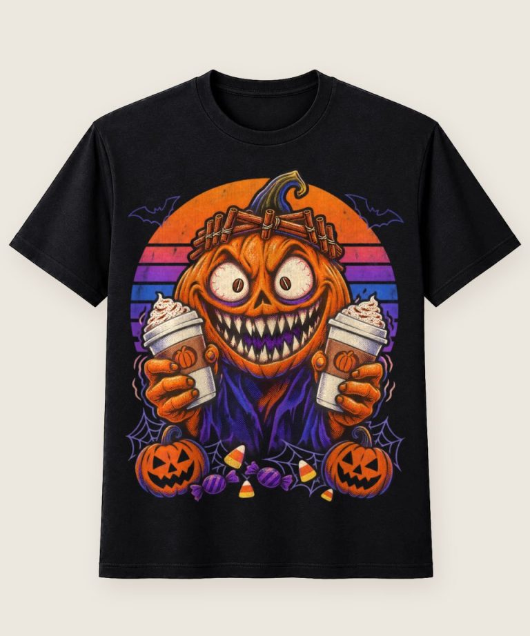 T-Shirt mit Motiv „Halloween Kürbis Pumpkin-Spice-Kaffee Junkie“ – Halloween T-Shirts