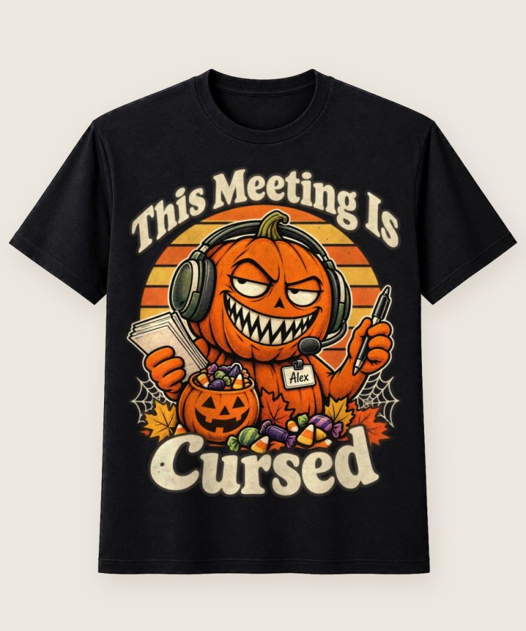 T-Shirt mit Motiv „Halloween Kürbis This Meeting Is Cursed Bürospaß“ – Halloween T-Shirts