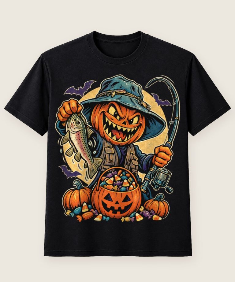 T-Shirt mit Motiv „Halloween Kürbisangler Mit Forelle“ – Halloween T-Shirts