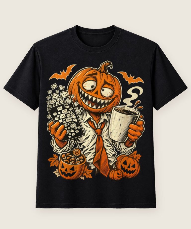 T-Shirt mit Motiv „Halloween-Kürbisbürohengst im E-Mail-Chaos“ – Halloween T-Shirts