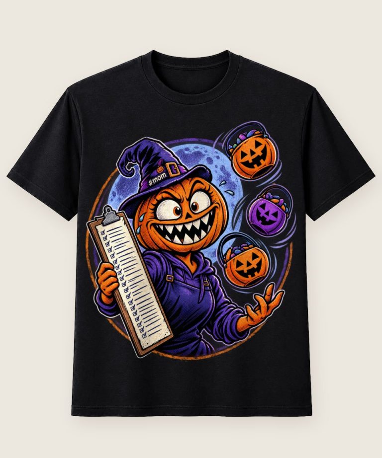T-Shirt mit Motiv „Halloween-Mama Chaos Kürbis mit To-do-Liste und Eimern“ – Halloween T-Shirts