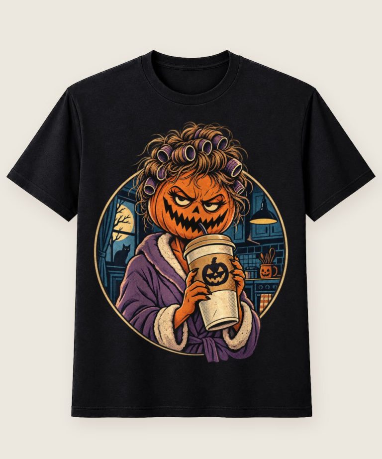 T-Shirt mit Motiv „Halloween Momster Kürbiskopf im Morgenmantel mit Kaffee“ – Halloween T-Shirts