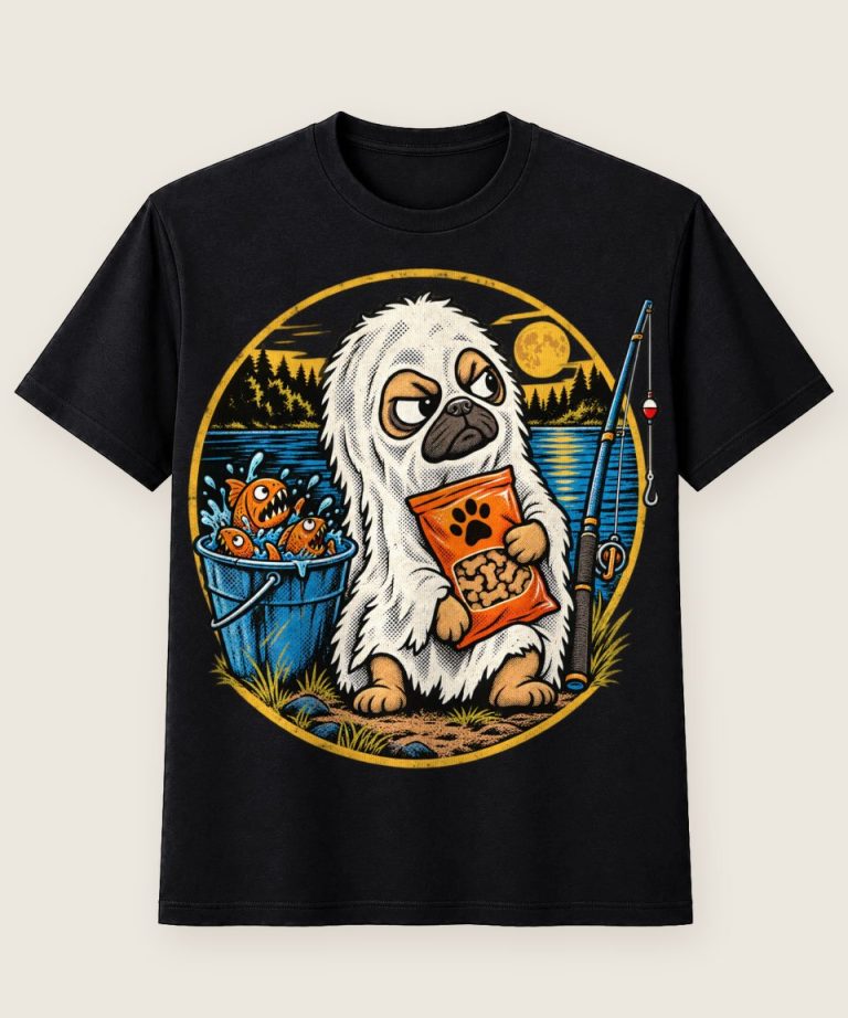 T-Shirt mit Motiv „Halloween Mops im Lakenkostüm mit Leckerlis am Wasser“ – Halloween T-Shirts