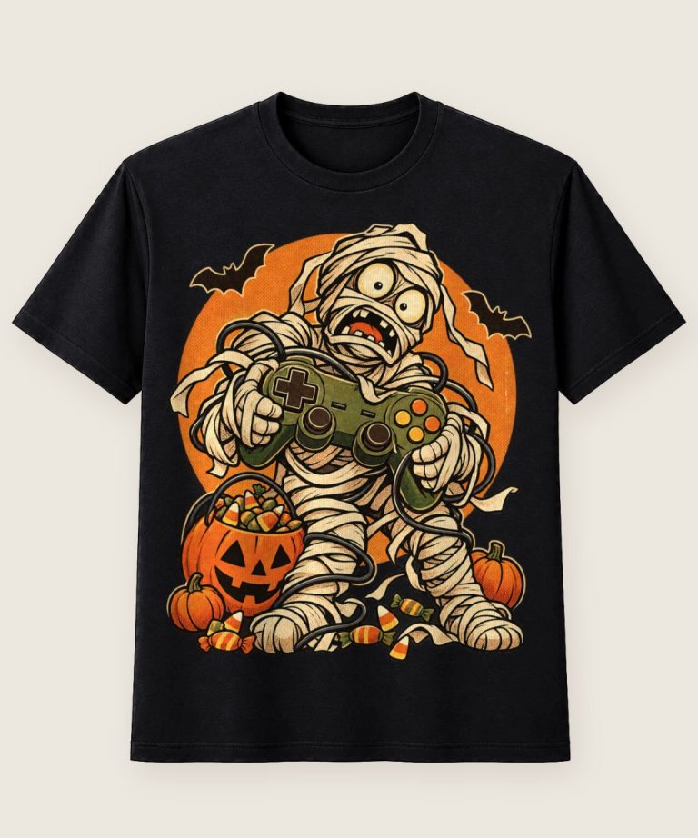 T-Shirt mit Motiv „Halloween-Mumie Gamer mit Kabelsalat“ – Halloween T-Shirts