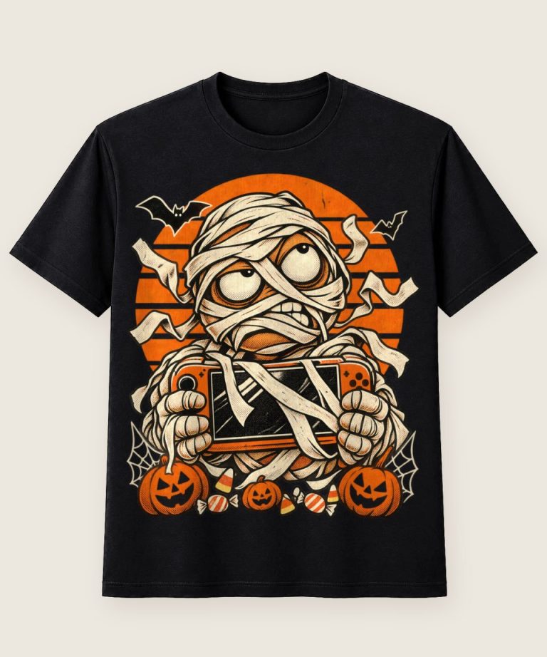 T-Shirt mit Motiv „Halloween Mumie Gamer Retro Sonne“ – Halloween T-Shirts