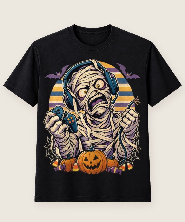 T-Shirt mit Motiv „Halloween Mumien-Gamer vor Retro-Sonne“ – Halloween T-Shirts