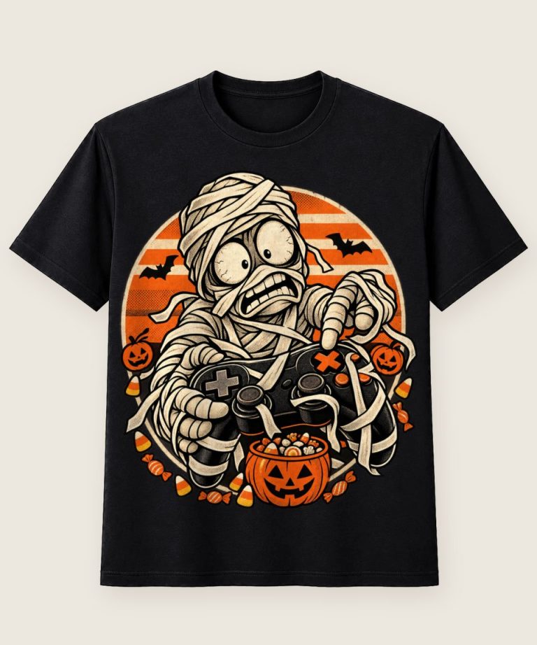 T-Shirt mit Motiv „Halloween-Mumien-Gamer vor Retro-Sonne“ – Halloween T-Shirts