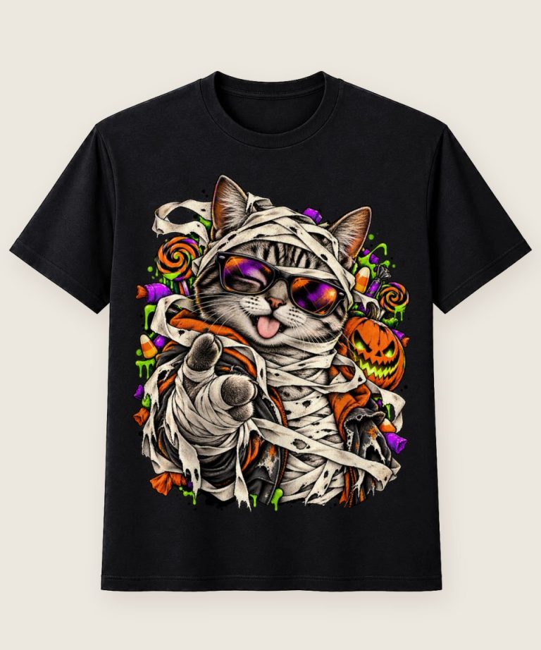 T-Shirt mit Motiv „Halloween Mumienkatze Mit Süßigkeiten“ – Halloween T-Shirts