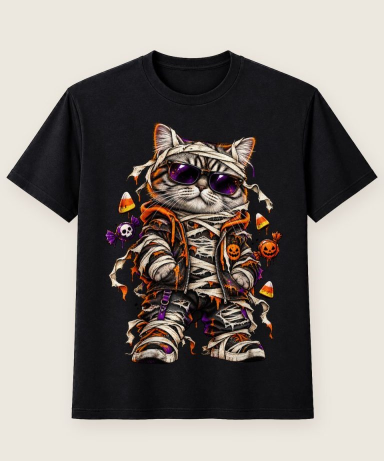 T-Shirt mit Motiv „Halloween Mumienkatze mit Süßkram“ – Halloween T-Shirts