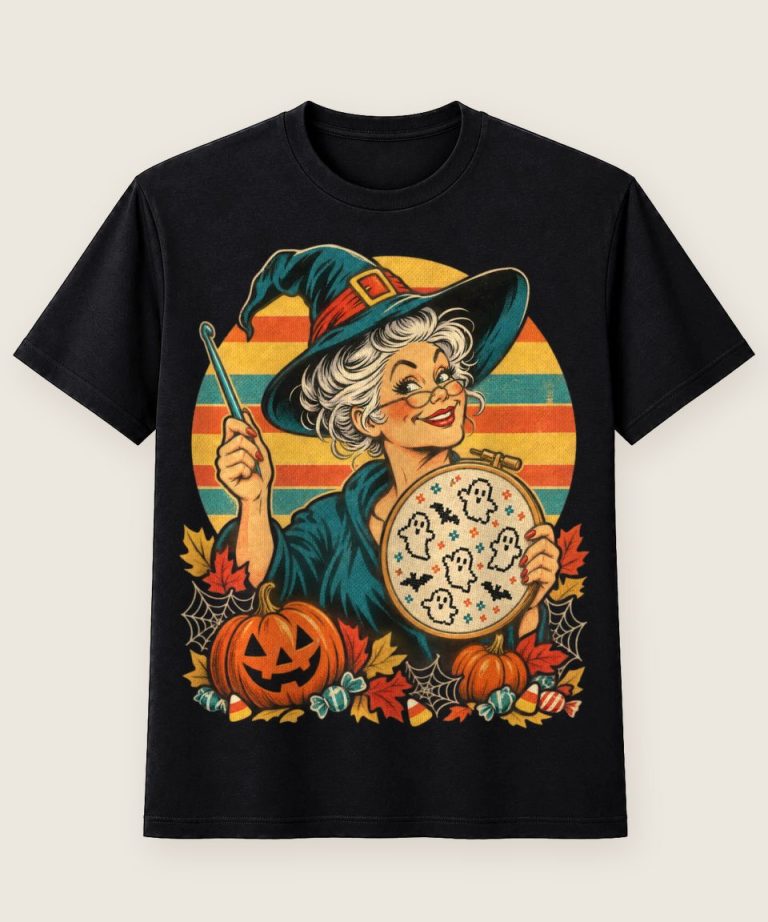 T-Shirt mit Motiv „Halloween Oma Geist mit Stickrahmen“ – Halloween T-Shirts