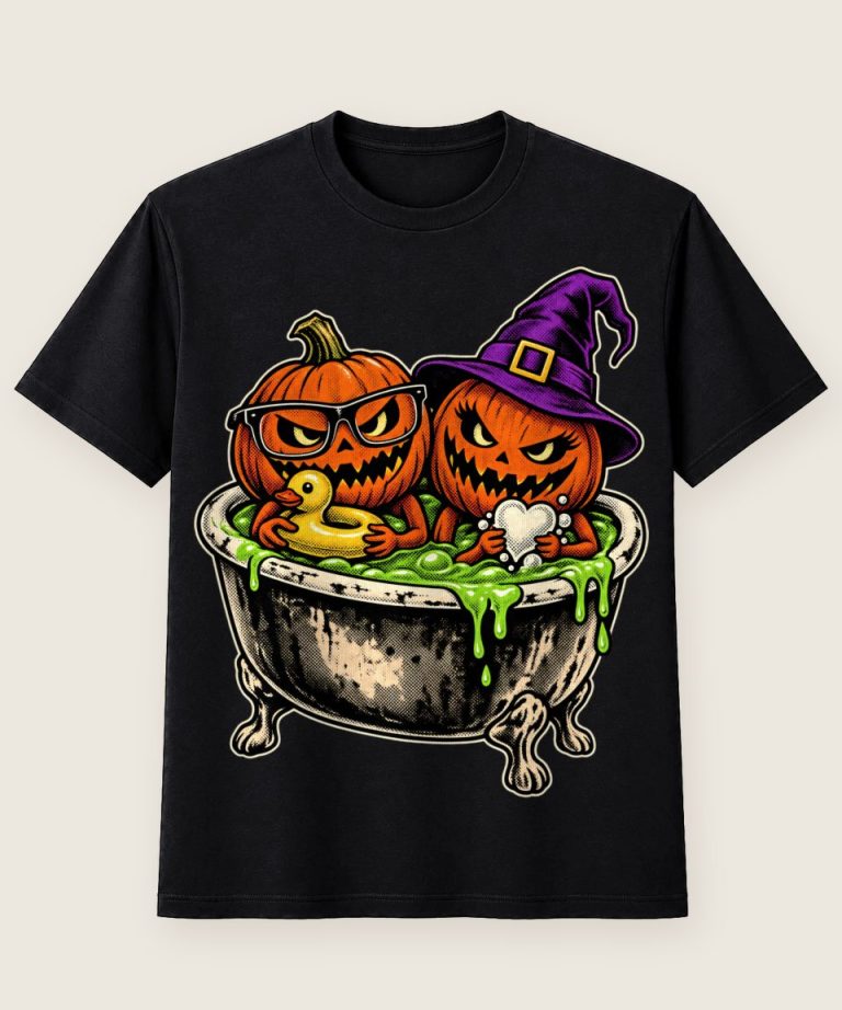 T-Shirt mit Motiv „Halloween Paar mit gruseligen Kürbissen im Schleimbad“ – Halloween T-Shirts