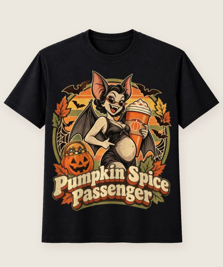 T-Shirt mit Motiv „Halloween Schwangere Vampirfledermaus Pumpkin Spice“ – Halloween T-Shirts