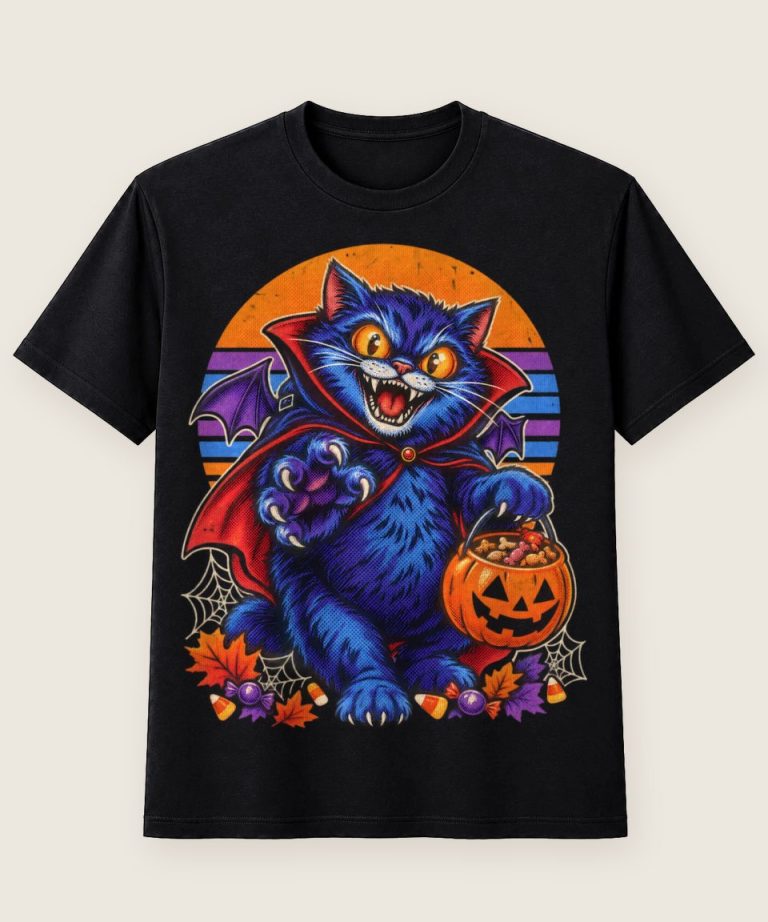 T-Shirt mit Motiv „Halloween Vampir-Katze vor Retro-Sonne“ – Halloween T-Shirts