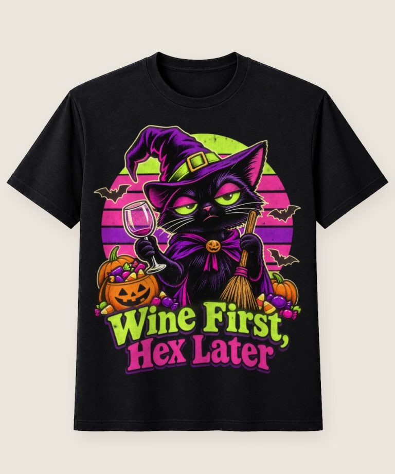T-Shirt mit Motiv „Halloween Wein zuerst Hexe später Katze“ – Halloween T-Shirts