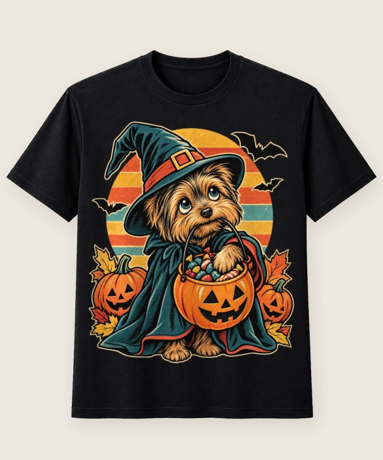 T-Shirt mit Motiv „Halloween-Yorkie als frecher Snack-Dieb Hexenhund“ – Halloween T-Shirts