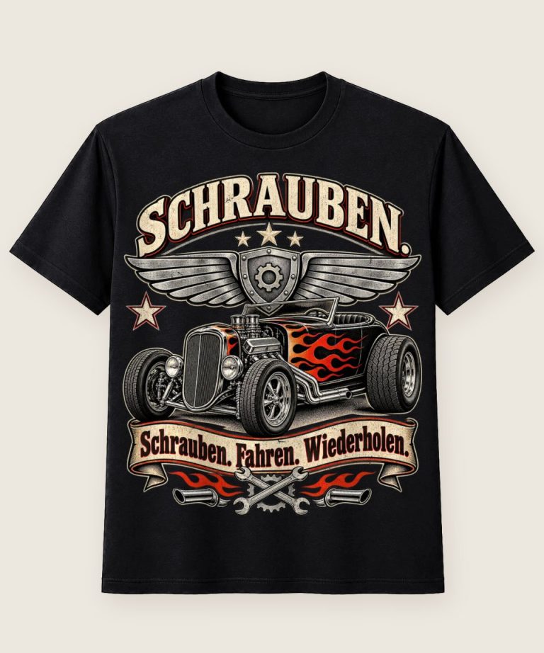 T-Shirt mit Motiv „Hotrods Schrauben Fahren Wiederholen Emblem Roadster“ – Hobby & Freizeit T-Shirts