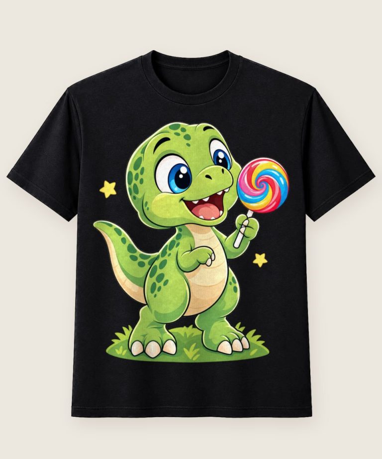 T-Shirt mit Motiv „Hungriger T Rex mit Lolli Kinder“ – Kinder-T-Shirts