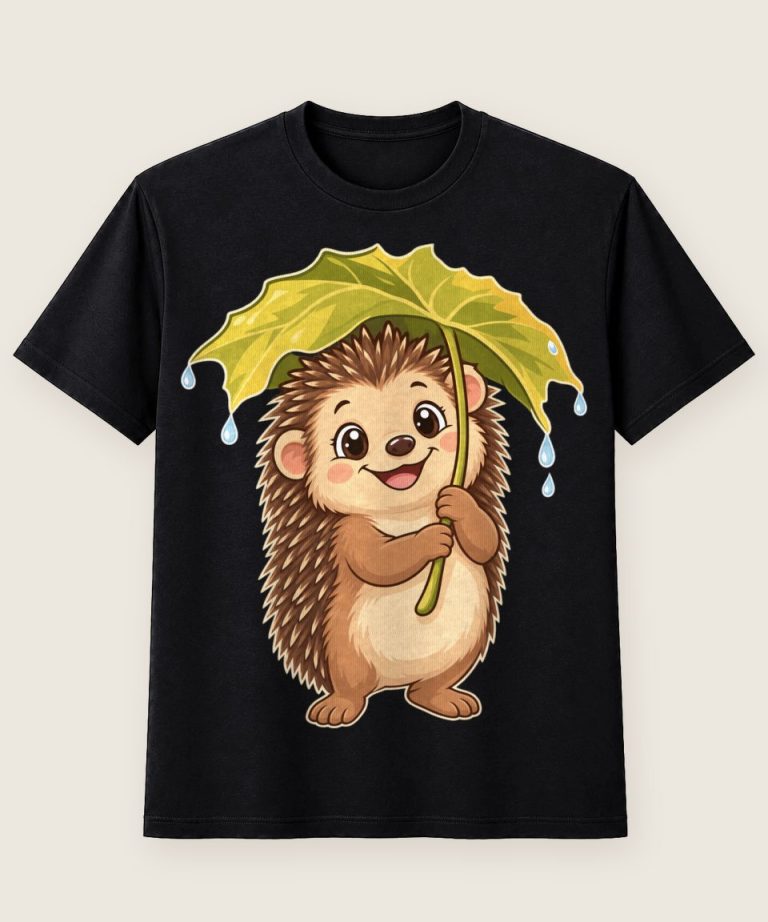 T-Shirt mit Motiv „Igel mit Laubblatt-Schirm Kinder“ – Kinder-T-Shirts