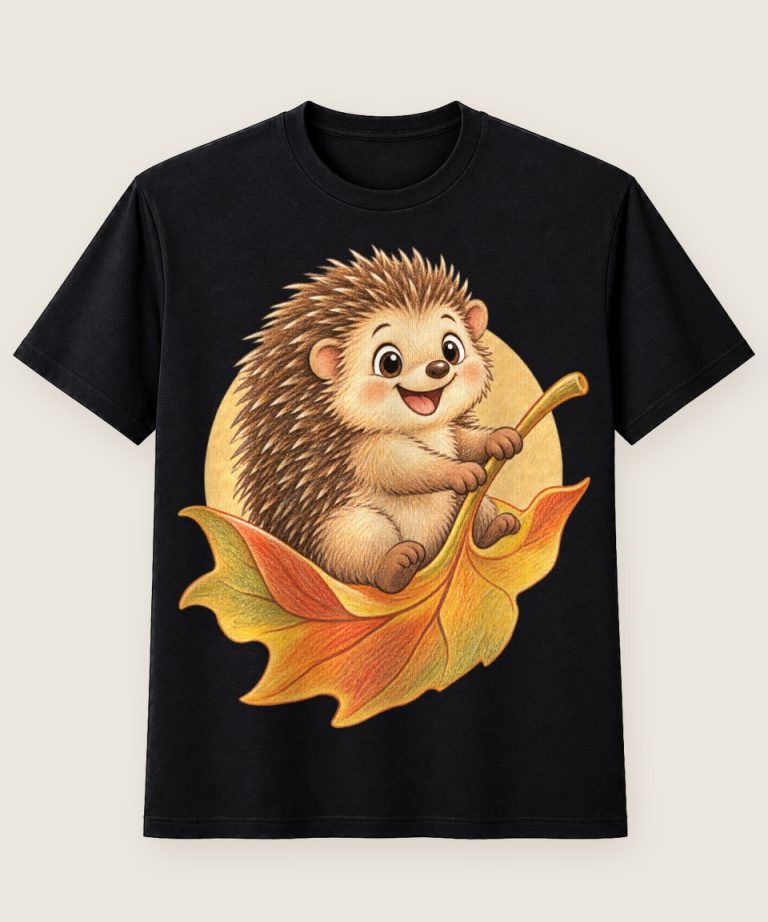 T-Shirt mit Motiv „Igel reitet Herbstblatt Kinder“ – Kinder-T-Shirts