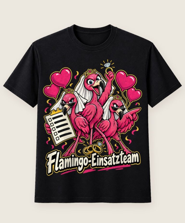 T-Shirt mit Motiv „JGA Flamingo-Einsatzteam Braut-Crew Comic“ – Hochzeit & JGA T-Shirts