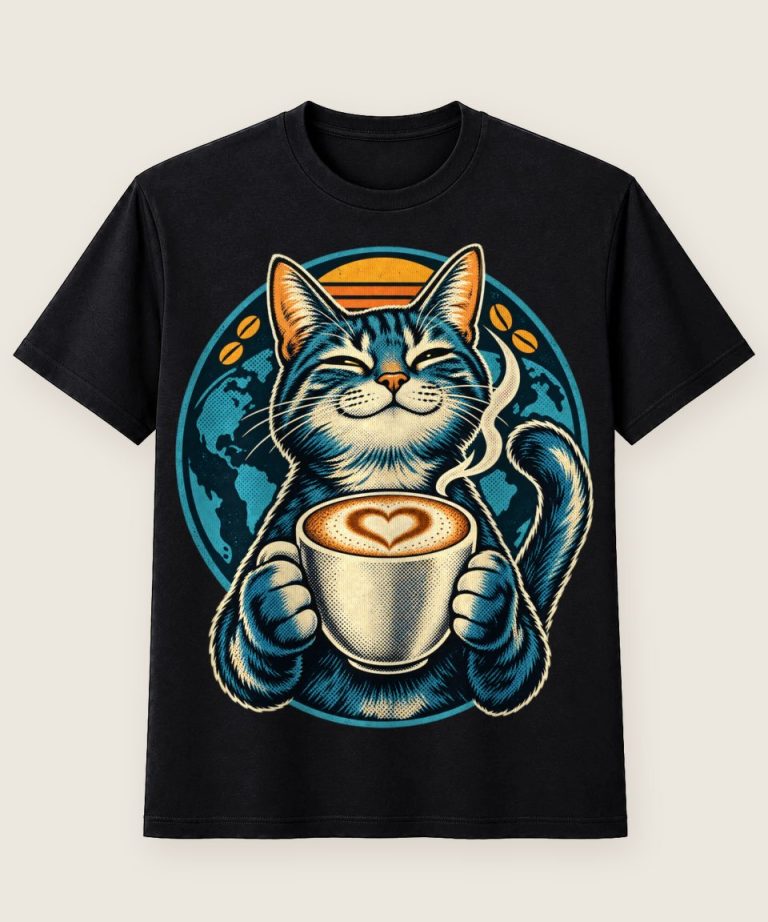 T-Shirt mit Motiv „Kaffee-Katze mit Herz-Latte“ – Hobby & Freizeit T-Shirts