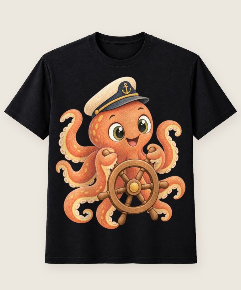 T-Shirt mit Motiv „Kapitän-Oktopus steuert Meerestiere Kinder“ – Kinder-T-Shirts