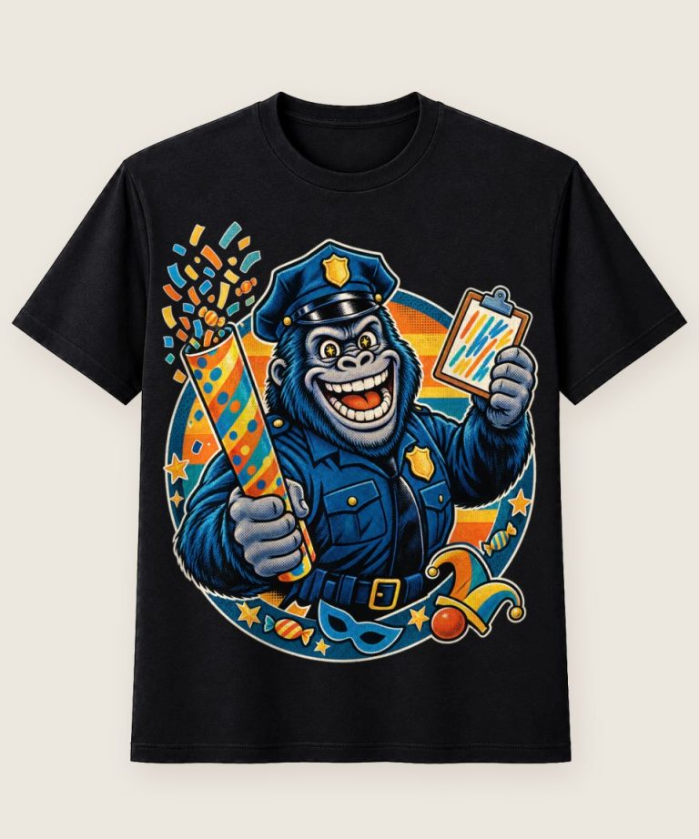 T-Shirt mit Motiv „Karneval Gorilla-Polizist mit Konfettikanone“ – Karneval & Fasching T-Shirts