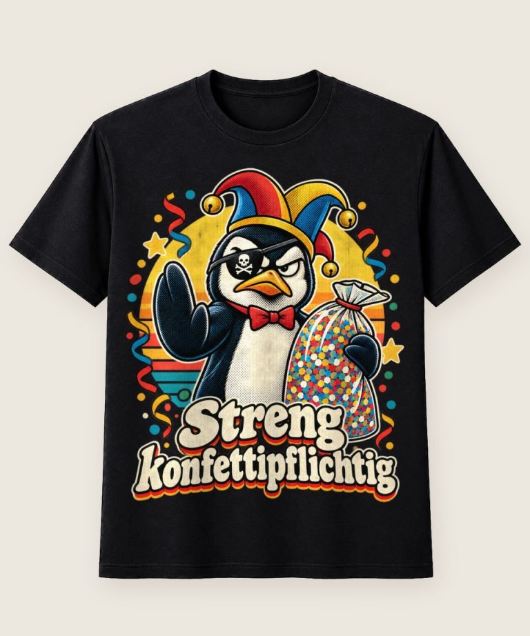 T-Shirt mit Motiv „Karneval Pinguin Pirat streng Papierregen Pflicht“ – Karneval & Fasching T-Shirts