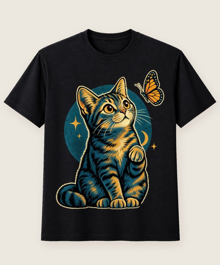 T-Shirt mit Motiv „Katze beobachtet Schmetterling“ – Hobby & Freizeit T-Shirts