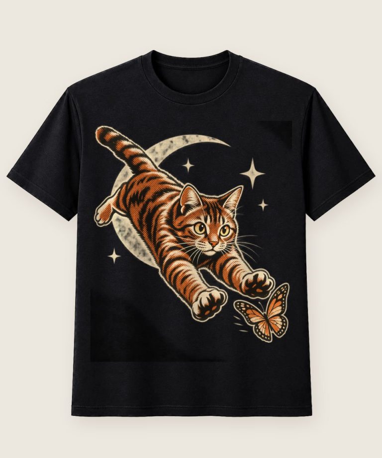 T-Shirt mit Motiv „Katzen Sprung auf Schmetterling“ – Hobby & Freizeit T-Shirts