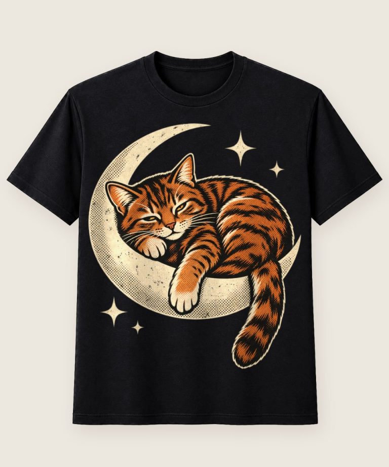 T-Shirt mit Motiv „Katzenfans Katze auf schmaler Sichelmond-Form“ – Hobby & Freizeit T-Shirts