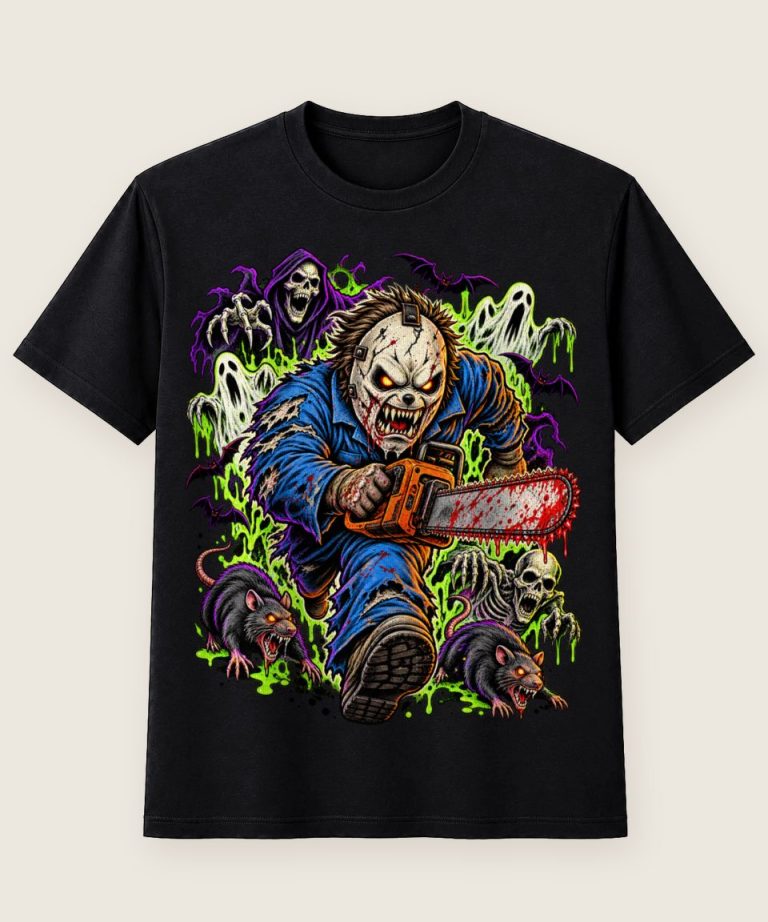 T-Shirt mit Motiv „Kettensägen-Ghul mit Geistern“ – Halloween T-Shirts