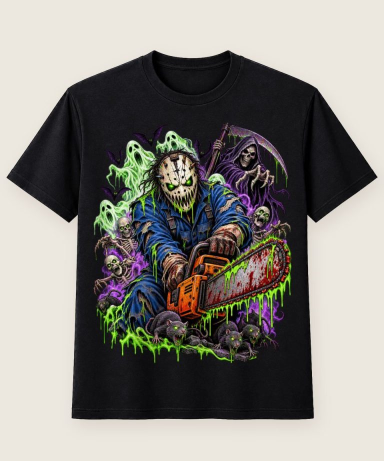 T-Shirt mit Motiv „Kettensägen-Horrormonster mit Geistern“ – Halloween T-Shirts