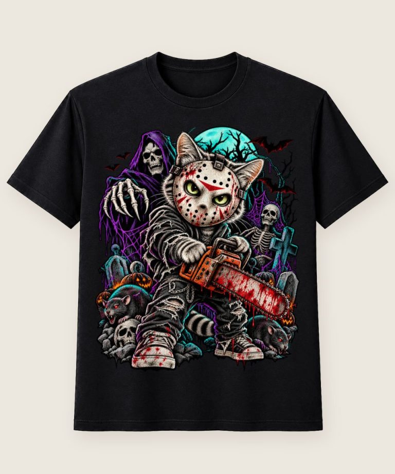 T-Shirt mit Motiv „Kettensägen-Katze Horror Halloween“ – Halloween T-Shirts