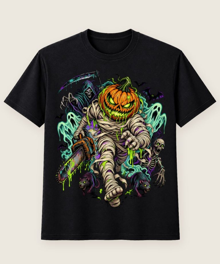 T-Shirt mit Motiv „Kettensägen-Kürbismumie Halloween Horror“ – Halloween T-Shirts