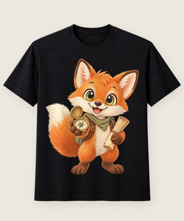 T-Shirt mit Motiv „Kleiner Waldfuchs mit Kompass für Kinder“ – Kinder-T-Shirts