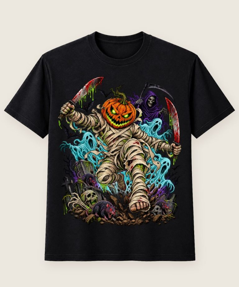 T-Shirt mit Motiv „Kürbis-Mumie Halloween Horror“ – Halloween T-Shirts