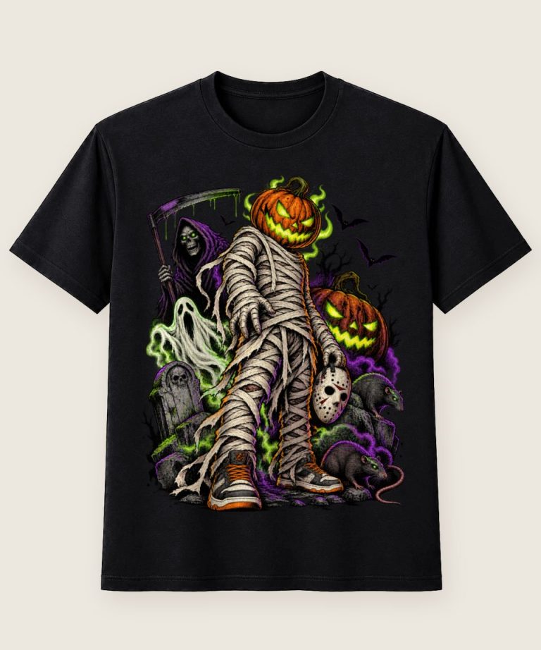 T-Shirt mit Motiv „Kürbis-Mumie im gruseligen Friedhof“ – Halloween T-Shirts