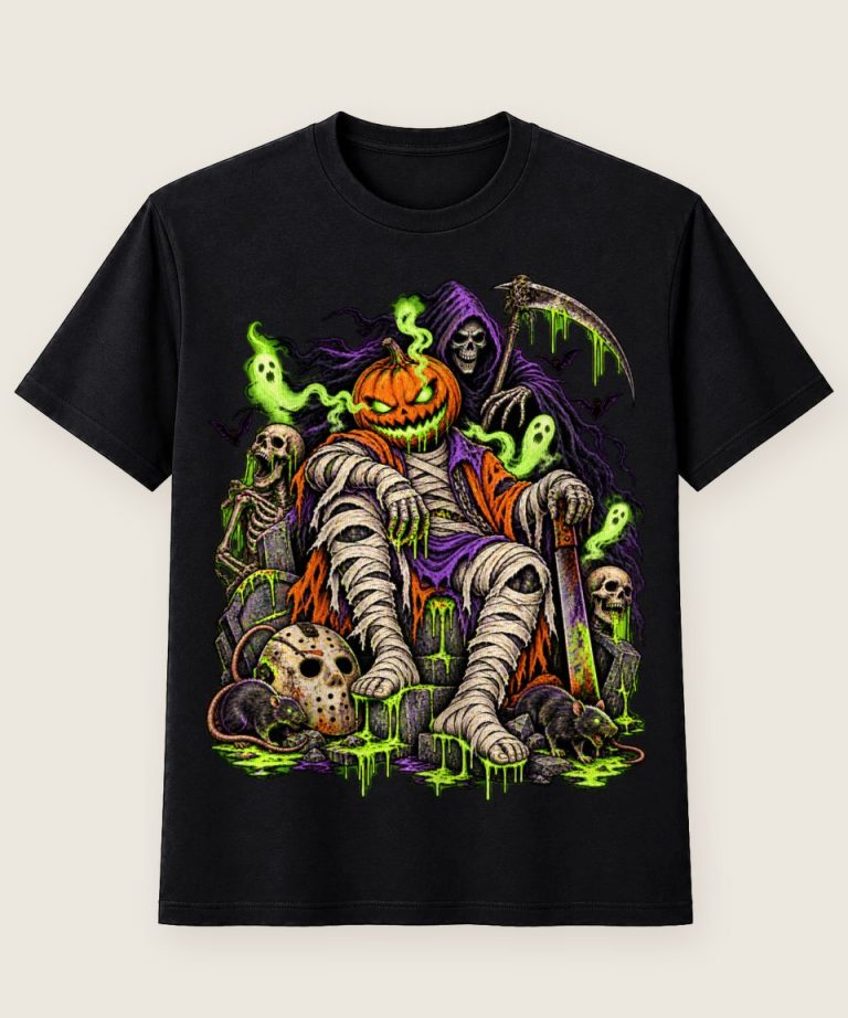 T-Shirt mit Motiv „Kürbis-Mumie mit Sensenmann Halloween“ – Halloween T-Shirts